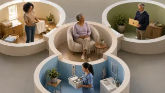 An older Black woman sits at the center of connected spaces representing household, healthcare, and financial support roles.