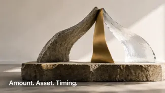 Stone, metal, and translucent forms rise from one foundation above the words “Amount. Asset. Timing.”