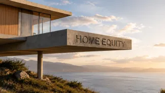 A modern home’s cantilevered concrete structure is labeled “Home Equity,” overlooking a calm coastal landscape.