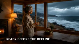 A retired woman calmly watches stormy coastal weather from her warmly lit home beneath the words “Ready Before the Decline.”