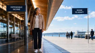 A Latina woman stands between a sheltered terminal and an open waterfront marked “Dependable Income” and “Room to Adapt.”