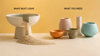 A measured amount leaves one vessel while several open vessels represent different uses for the money.