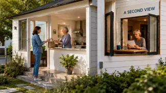 A retiree receives limited household help while another woman observes through a separate review window.