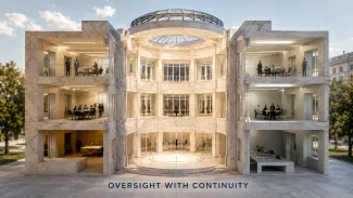 An architectural cutaway shows a protected central chamber remaining stable between two administrative wings.