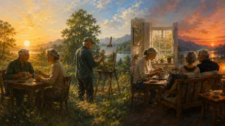 A light-brown-skinned Asian and Latino retired couple share parts of the day, pursue separate interests, and reconnect in the evening.