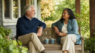 Couple nearing retirement have a calm conversation together on their porch.