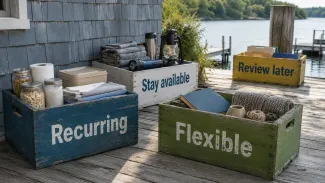 Four labeled crates on a lakeside dock separate recurring needs, flexible spending, what should stay available, and what may need review later.