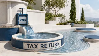 Water passes through an RMD gate into a tax return basin, with ripples extending toward separate downstream areas.