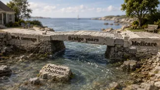A quiet stone path leads toward a small coastal bridge, suggesting the transition between leaving work and reaching Medicare.