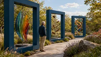 An older adult views three different colorful sculptures, each presented through an identical dark blue frame in a garden.