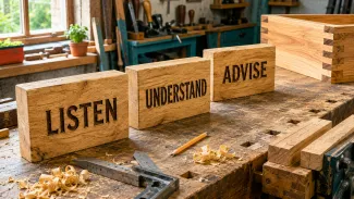 Bright woodworking studio with three wooden blocks engraved “Listen,” “Understand,” and “Advise” arranged in sequence on a workbench.