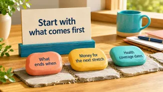 Three brightly colored stones labeled “What ends when,” “Money for the next stretch,” and “Health coverage dates” beneath a sign reading “Start with what comes first.”
