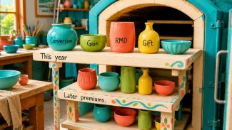 Brightly colored pottery labeled Conversion, Gain, RMD, and Gift sits on a shelf marked “This year,” above pottery on a shelf marked “Later premiums.”