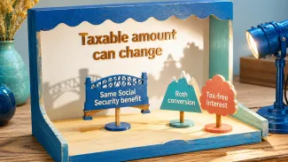 A colorful dimensional stage shows the same Social Security benefit beside a Roth conversion and tax-free interest, illustrating how other income can change the benefit’s taxable amount.