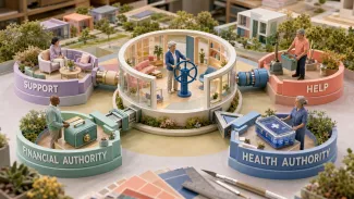 A woman controls a central retirement-planning hub connected to four separately assigned roles: support, practical help, financial authority, and health authority.