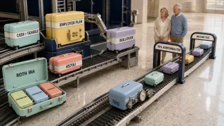 Pastel cases representing five account locations travel through different access mechanisms, with the employer-plan Rule of 55 hatch absent after rollover, separate Roth IRA layers, a clock-regulated 72(t)