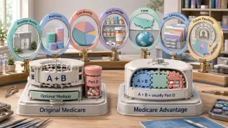 Seven labeled lenses compare Original Medicare and Medicare Advantage across provider access, premiums, cost sharing, drug coverage, travel, plan administration, and future flexibility.