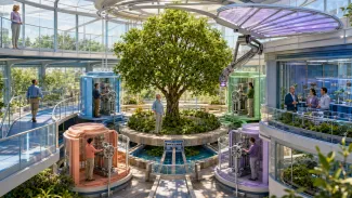 A central steward stands beneath a thriving tree as separate observation, access, operating, advisory, and conditional handoff systems surround the conservatory.
