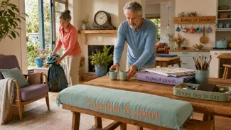 Two partners arrange one shared room around five labeled expectations, showing how different pictures of retirement can inform one shared decision.