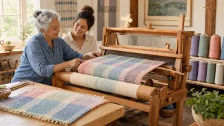 A woman and her adult granddaughter work at a loom where a finished piece, repeating pattern, adjustable work in progress, and unused yarn represent different forms of family support and retained flexibility.