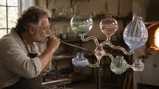 A glassblower sends one measured breath into six connected vessels that expand by different amounts, illustrating how one additional working year can affect retirement variables unevenly.