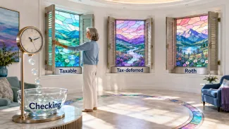 A woman opens the Taxable window among equal Tax-deferred and Roth windows, while a separate clock drops glass markers into a clearly labeled Checking bowl.