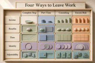 Dimensional comparison of a complete stop, part-time work, consulting, and an encore role across income, benefits, time, identity, and adjustability.