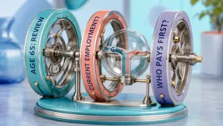 Three connected calibration rings labeled “Age 65: Review,” “Current Employment?” and “Who Pays First?” show the facts to confirm before choosing when Medicare begins.