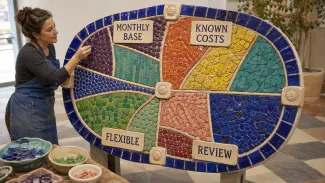A mosaic artist adjusts a colorful annual spending plan divided into monthly base, known costs, flexible spending, and review.