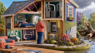 An older woman examines a cutaway home showing its roof, HVAC, plumbing, and electrical systems, while storm damage remains visibly separate.