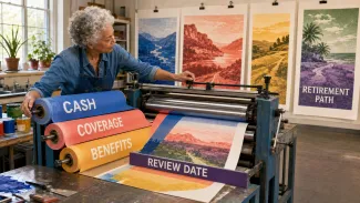 A woman operates a printmaking press where rolls labeled Cash, Coverage, and Benefits feed toward a Review Date and multiple possible futures, including a Retirement Path.