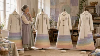 A woman compares four identically designed coats with different closures and layered hems, illustrating how same-letter Medigap policies can differ in pricing structure, rate history, and switching rights.