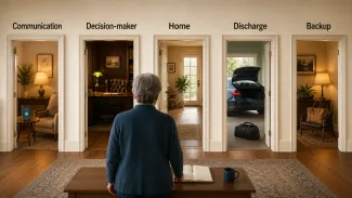 A solo retiree faces five labeled doorways representing separate communication, decision-making, home, discharge, and backup roles in a hospitalization plan.