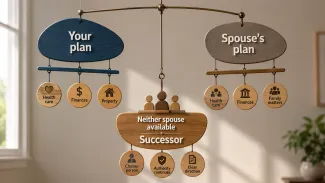 A balanced mobile shows separate plans for each spouse connected to a successor who can act when neither spouse is available.