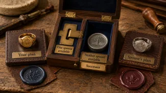 Two distinct signet rings represent each spouse’s separate plan, while an open continuity case shows the roles for when one spouse—or neither spouse—is available.