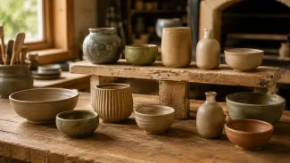 Handcrafted ceramic bowls and vessels arranged on wooden worktables in a pottery studio, symbolizing the thoughtful preparation and pacing involved in long-term retirement tax planning.