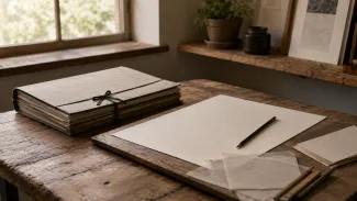 Bound paper records tied together beside a blank sheet and pencil on a wooden worktable, representing tax preparation as documenting what has already happened.
