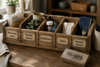 A wooden organizer separates retirement spending into essential costs, flexible choices, healthcare, taxes, and income sources, showing why one percentage cannot capture a household’s needs.