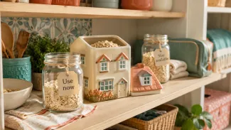A house-shaped pantry jar divides oats between jars labeled “Use now” and “Stay available,” showing how home equity used today can reduce what remains for later needs.