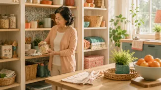 An Asian woman in her mid-60s, stands in a warm pantry holding a jar, suggesting a thoughtful household decision about how the home may support life now and later.