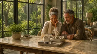 A biracial couple sits together in a sunlit room, studying a decision tray as they think through connected retirement choices.