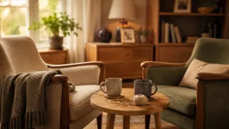 Two empty chairs and mugs in a quiet living room suggest making space for an early conversation about future care before choices become urgent.