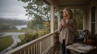 A woman in her 60s stands on a covered porch with a mug, looking out at the rain before responding to what has changed.
