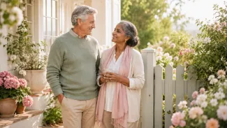 A couple stands together in a bright cottage garden, reflecting on a shared retirement future and the timing choices that can shape it.