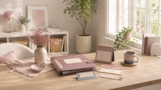 A bright pastel home office shows a wider view of a quiet desk with folders, plants, and blank planning materials near a sunny window.