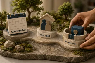 Miniature model connecting a coverage-date calendar, a household’s care needs, and money kept available after a health change.