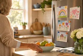 Woman looking at pictures on refrigerator