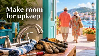 Repair tools and a replacement faucet sit in the foreground as an older couple walks toward the waterfront beneath “Make room for upkeep.”