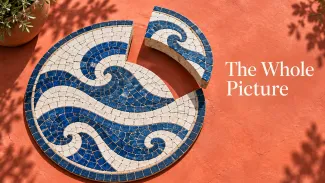 A blue-and-cream mosaic retains its pattern across a moved segment on a coral terrace, beside the words “The Whole Picture.”