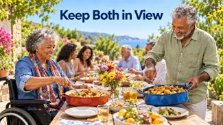 An older woman using a wheelchair and her husband serve dishes from separate pans to one shared community table beneath the words “Keep Both in View.”